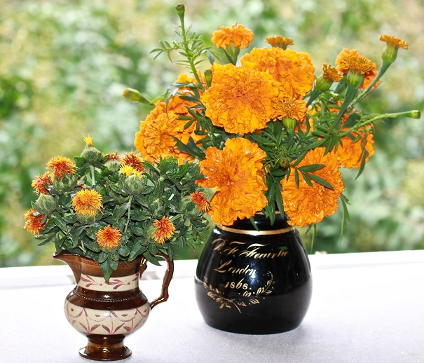 The Black picture is filled with Marigolds and the metallic orange pitcher is filled with Safflowers