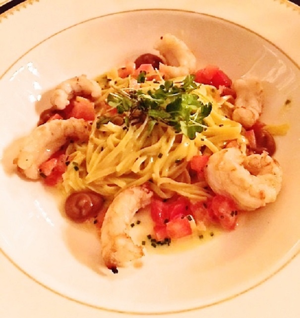 Grilled Prawns and tomatoes over linguini on America's Table