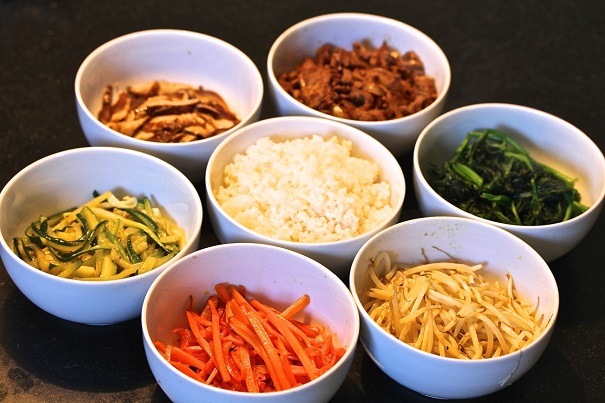 Korean Bibimbap ingredients in bowls
