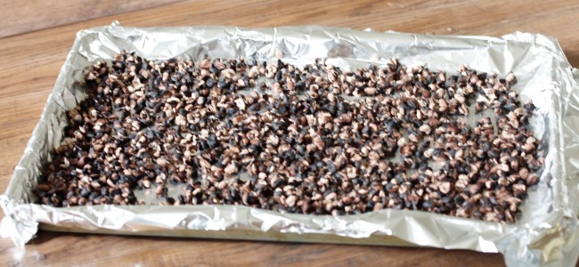 In a baking sheet, spread drained beans on a foil liner. Roast about 20 minutes until beans are split open. Remove from oven and allow to cool.