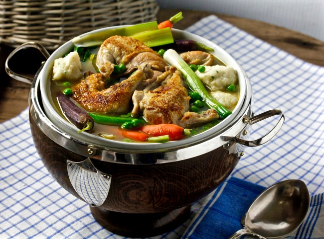 SPRING VEGETABLE GAME HEN AND DUMPLINGS on Americas-Table.com